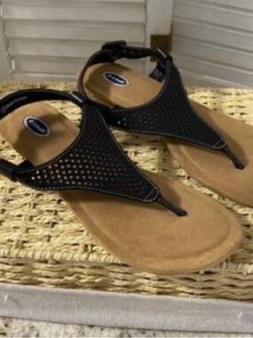 Dr. Scholl's Black Perforated T-Strap Sandals with Tan Footbed